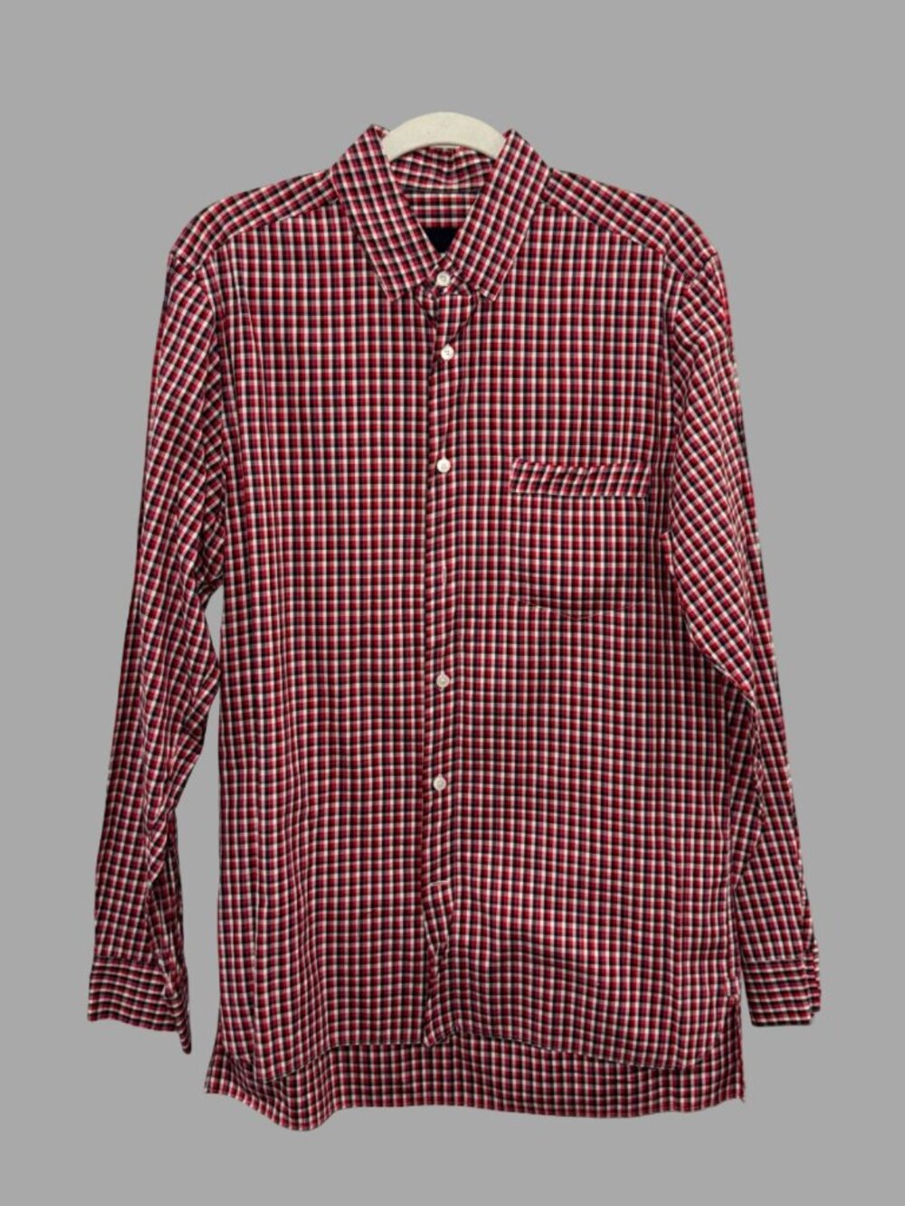 LANVIN Red White Black Gingham Cotton Button Up Shirt Sz M